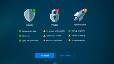 Security, privacy, and performance status with fix options.
