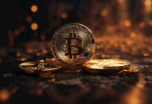 a bitcoin sitting on top of a pile of gold coins