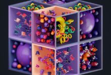 A cube with a bunch of balls inside of it